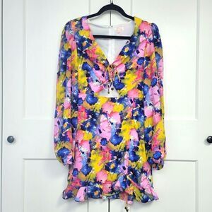 Luxxel long sleeve cinched floral cutout mini dress, small